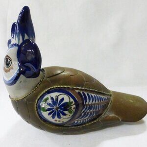 Vtg 80s Tonala ceramic stoneware parrot bird with brass overlay Mexican folk art